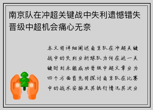 南京队在冲超关键战中失利遗憾错失晋级中超机会痛心无奈