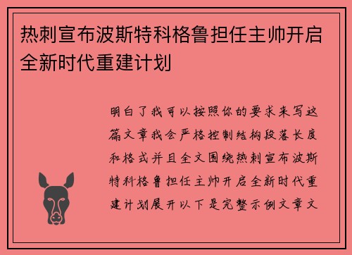 热刺宣布波斯特科格鲁担任主帅开启全新时代重建计划